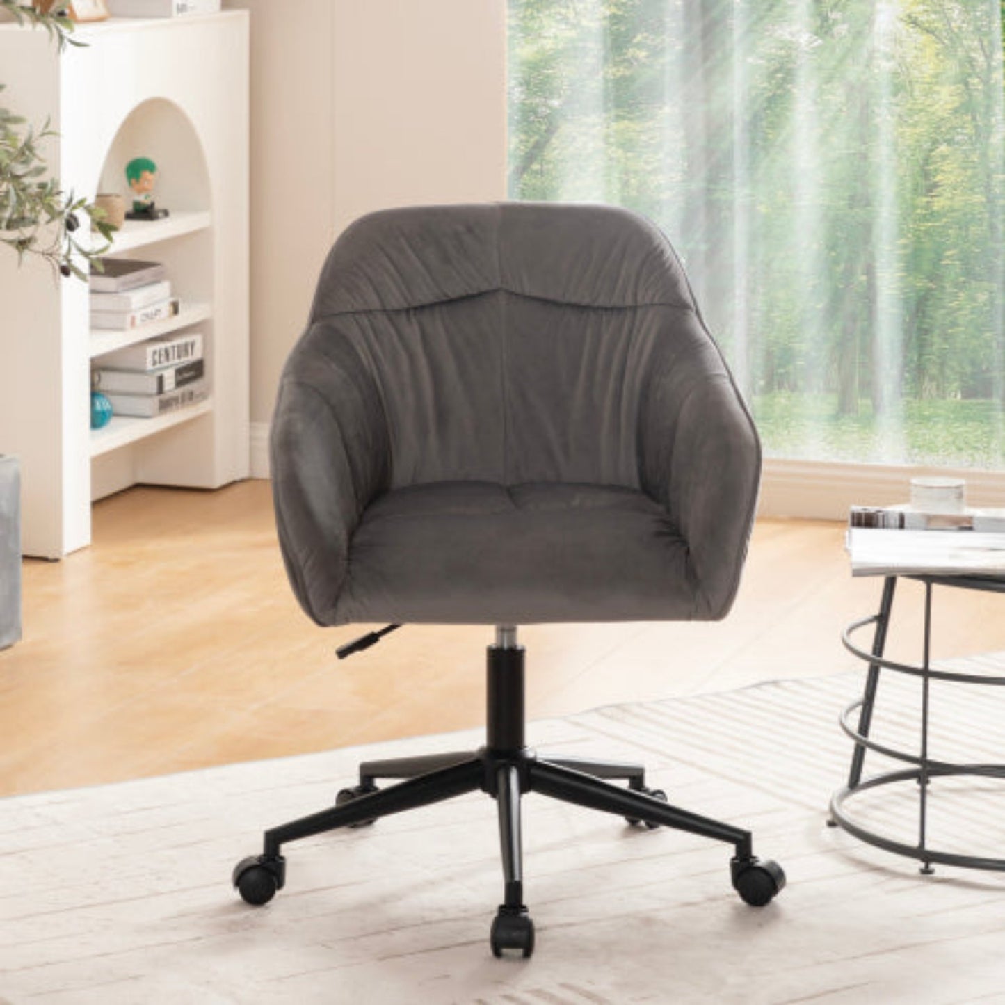 (p)Gray velvet swivel chair with height adjustment -1 piece - with backrest, armrests and wheels, suitable for home office