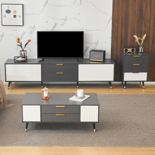 Elegant Grey and White Living Room Set-TV Stand, Side Table, Coffee Table - 3-Piece Value Set with Wall Cabinet