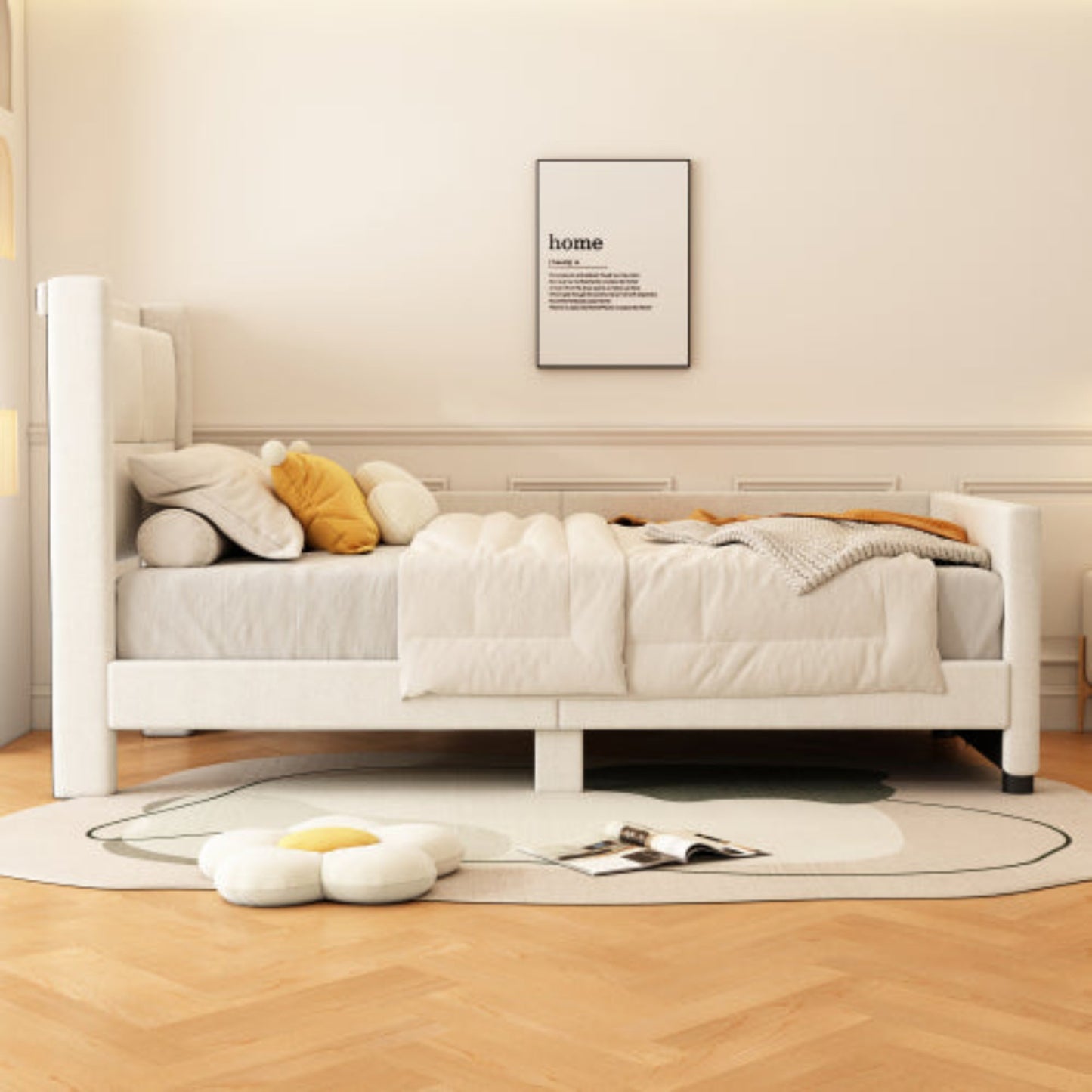 Beige Padded Bed-USB Port, Minimalist, 90x200cm Flat Platform Bed