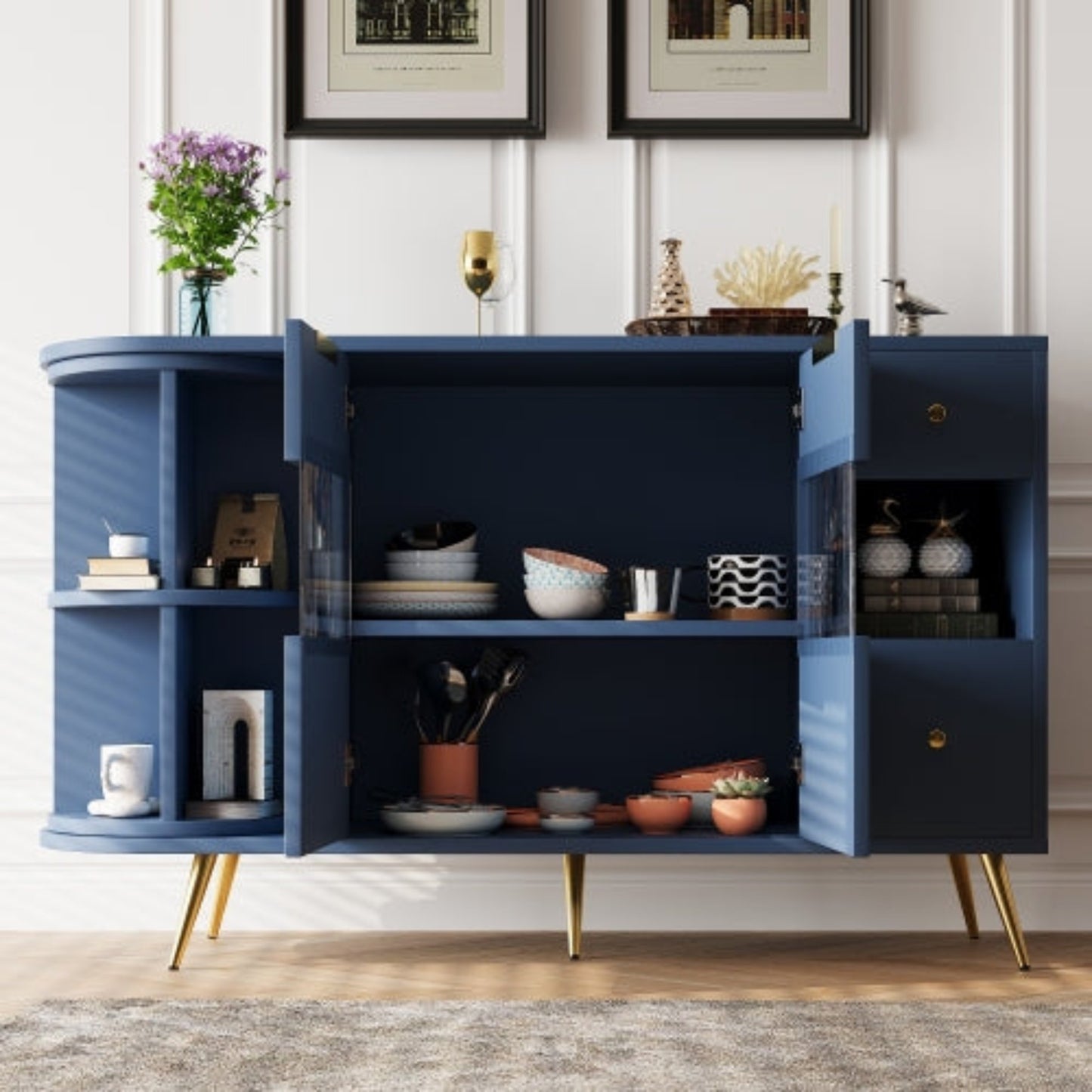 Blue LED-lit Wooden Sideboard with Sliding Glass Doors