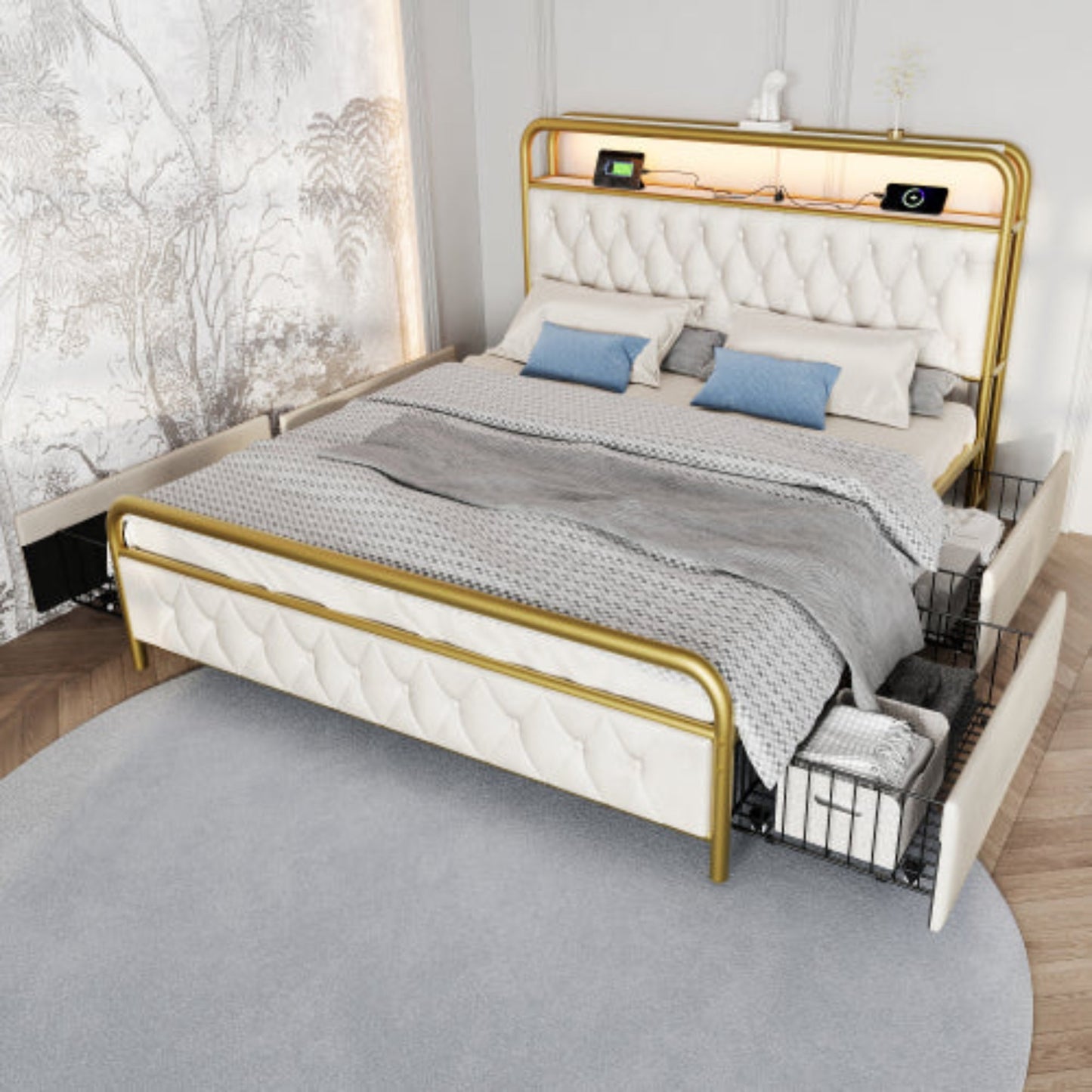 Double Upholstered Bed with USB Charging, APP-Controlled LED, Metal Frame, Velvet, 4 Drawers