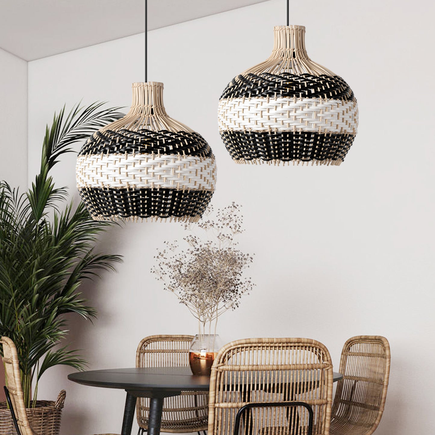 (M)Rattan Pendant Light Fixtures Geometric Single Rattan Ceiling Fixture with Adjustable Cord for for Kitchen Island