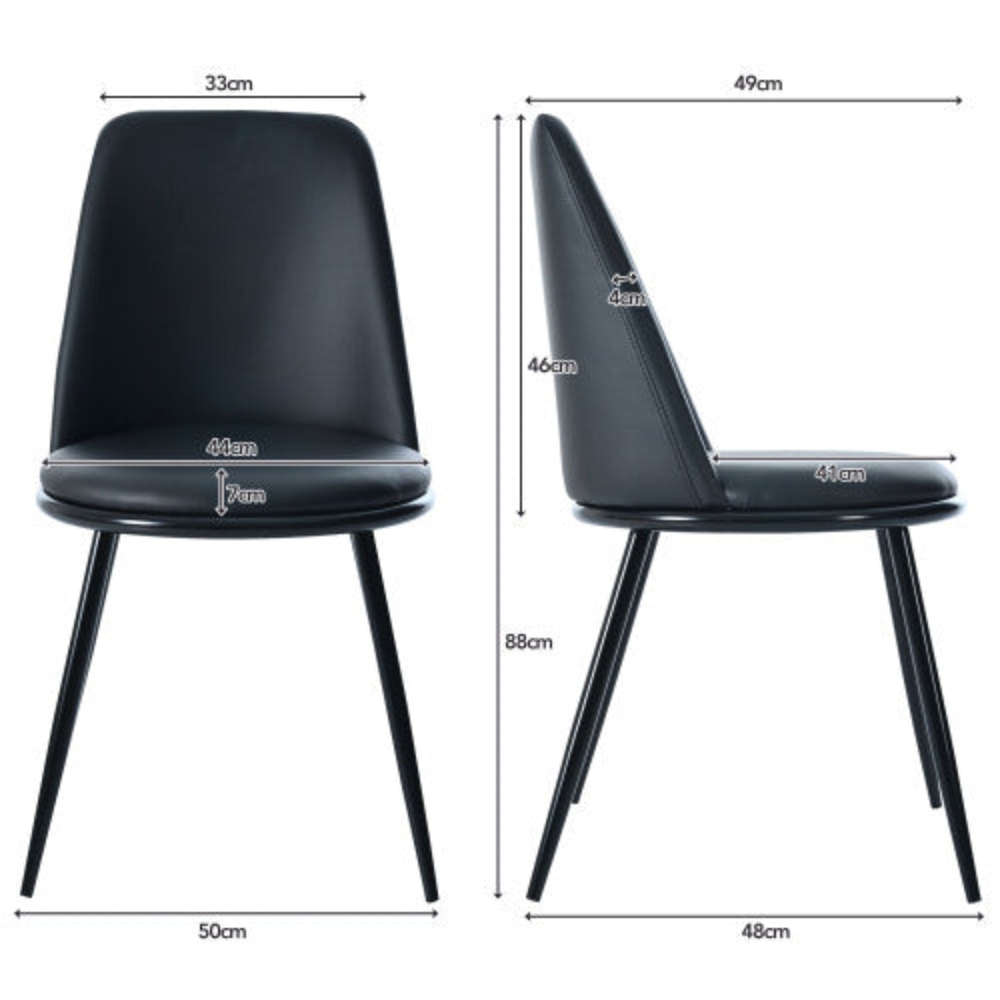 Black PU Leather Dining Chairs,Round Back, Metal Frame, Black Legs, 150kg-Set of 2