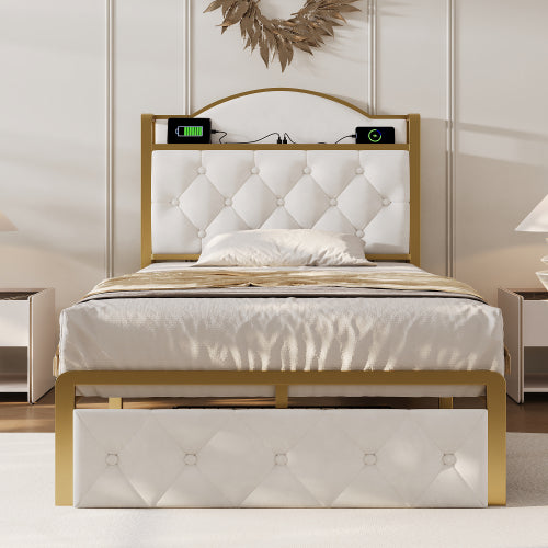 Light Beige Single Bed-USB Type C, Storage Drawers, Slatted Metal Frame -Mattress Not Included