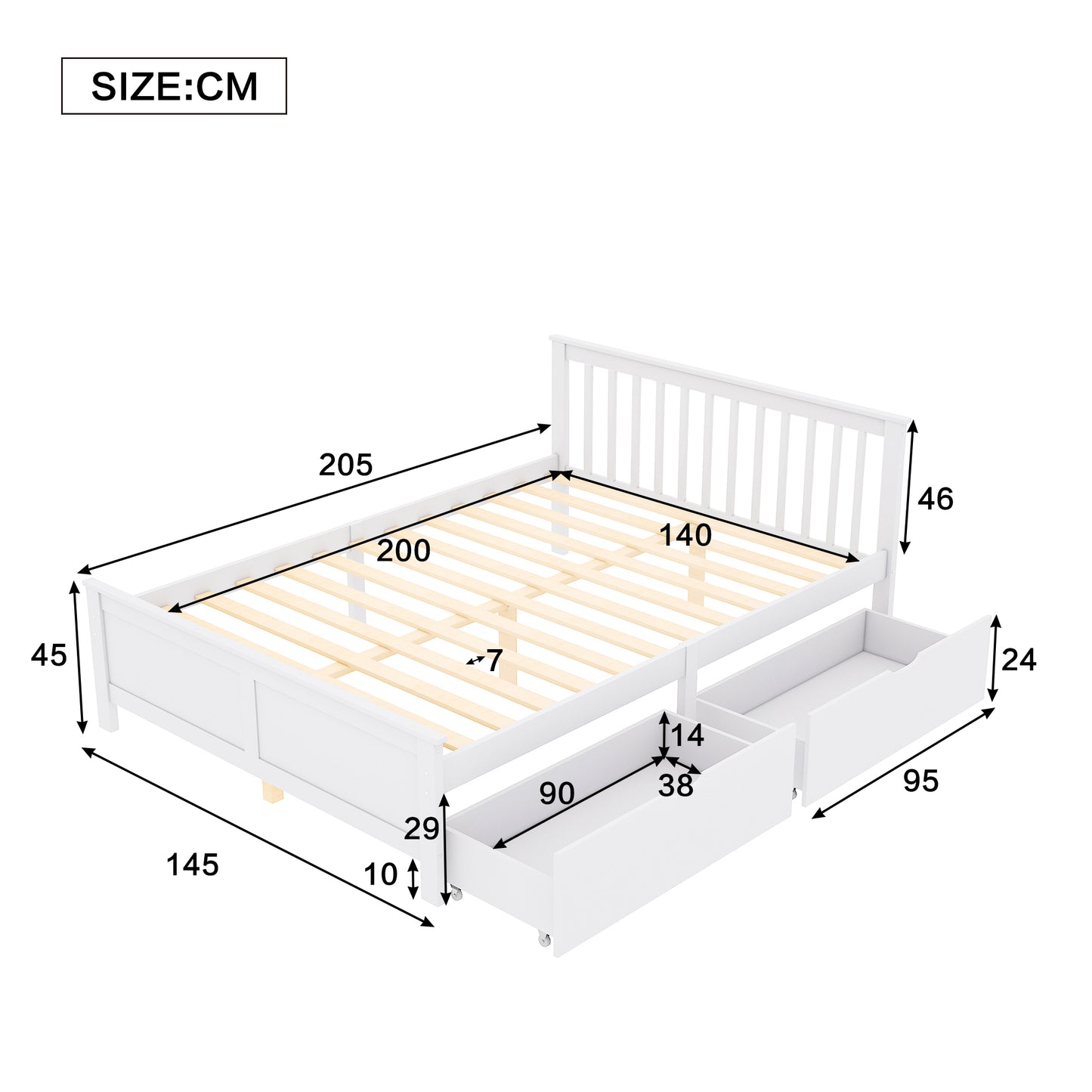 White Pine Wood Double Bed with Storage Drawers