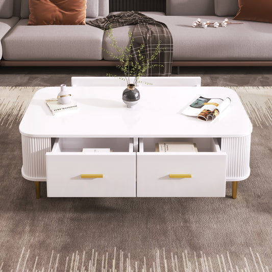 Elegant Wavy Sides Coffee Table with Gold Handles and Drawers