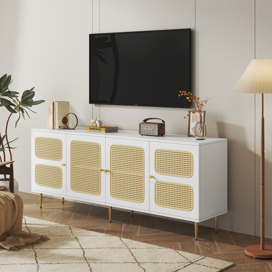 Elegant White Rattan TV Cabinet - 180x40x72 cm with Storage and Cable Management