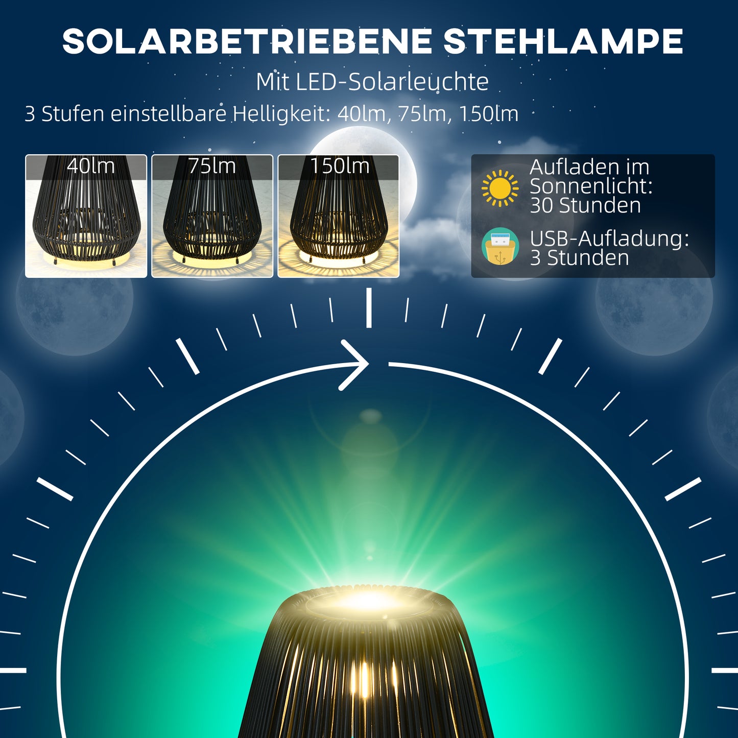 Solar Light Rattan Waterproof Street Light with Light Sensor, Automatic LED Garden Light, Outdoor Light, Black, Metal