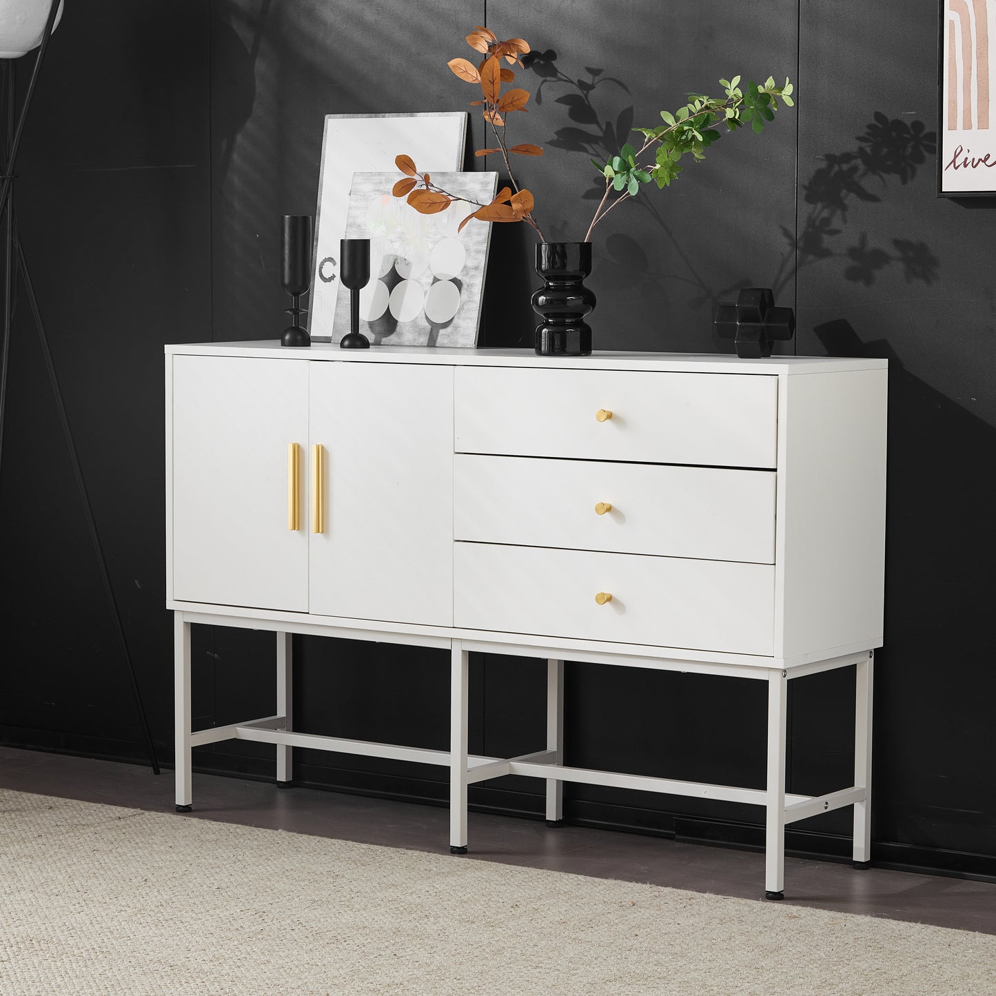 Elegant White Sideboard Cabinet with 2 Doors & 3 Drawers, Gold Handles, Metal Feet, 120cm Wide