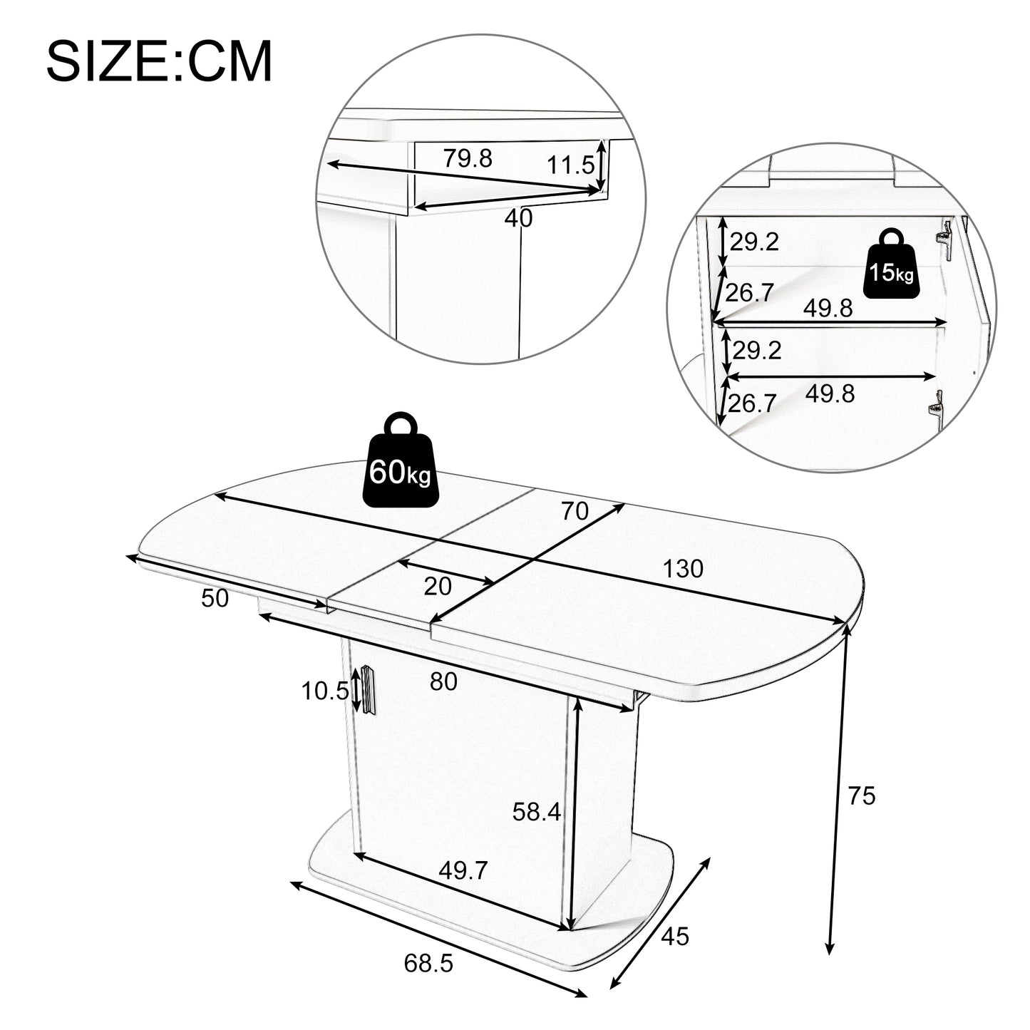 (Z)Extendable Oval Dining Table L110/130*W70*H75 cm Dining Table With Storage Space Coffee/Lounge Table Modern Minimalist Dining Table Space-Saving Multifunctional Dining Table Concrete Look + Silver Handles