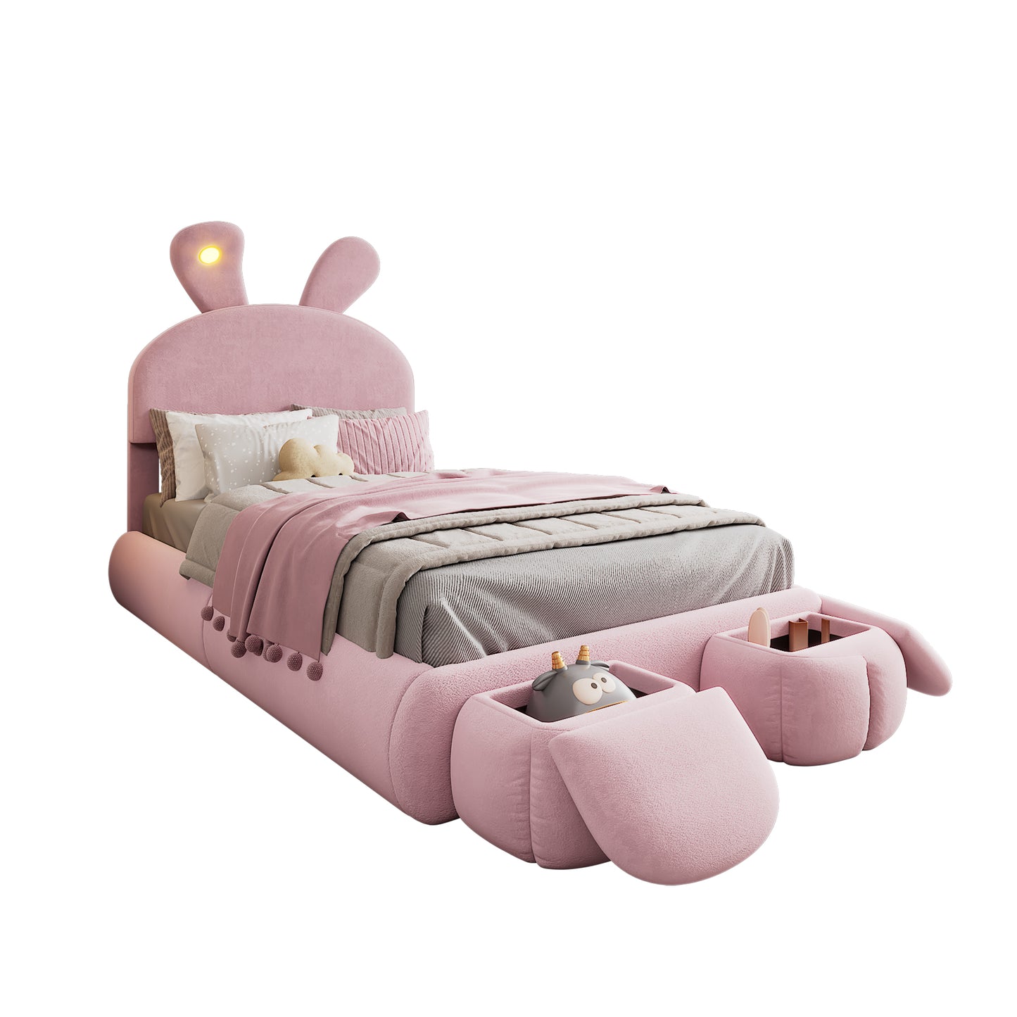 (Z)Upholstered bed Single bed Bunny Ears With Adjustable Brightness Warm-Coloured Light Strips With Two Storage Stools Children's Bed With Wooden Slats Velvet Pink 90x200CM