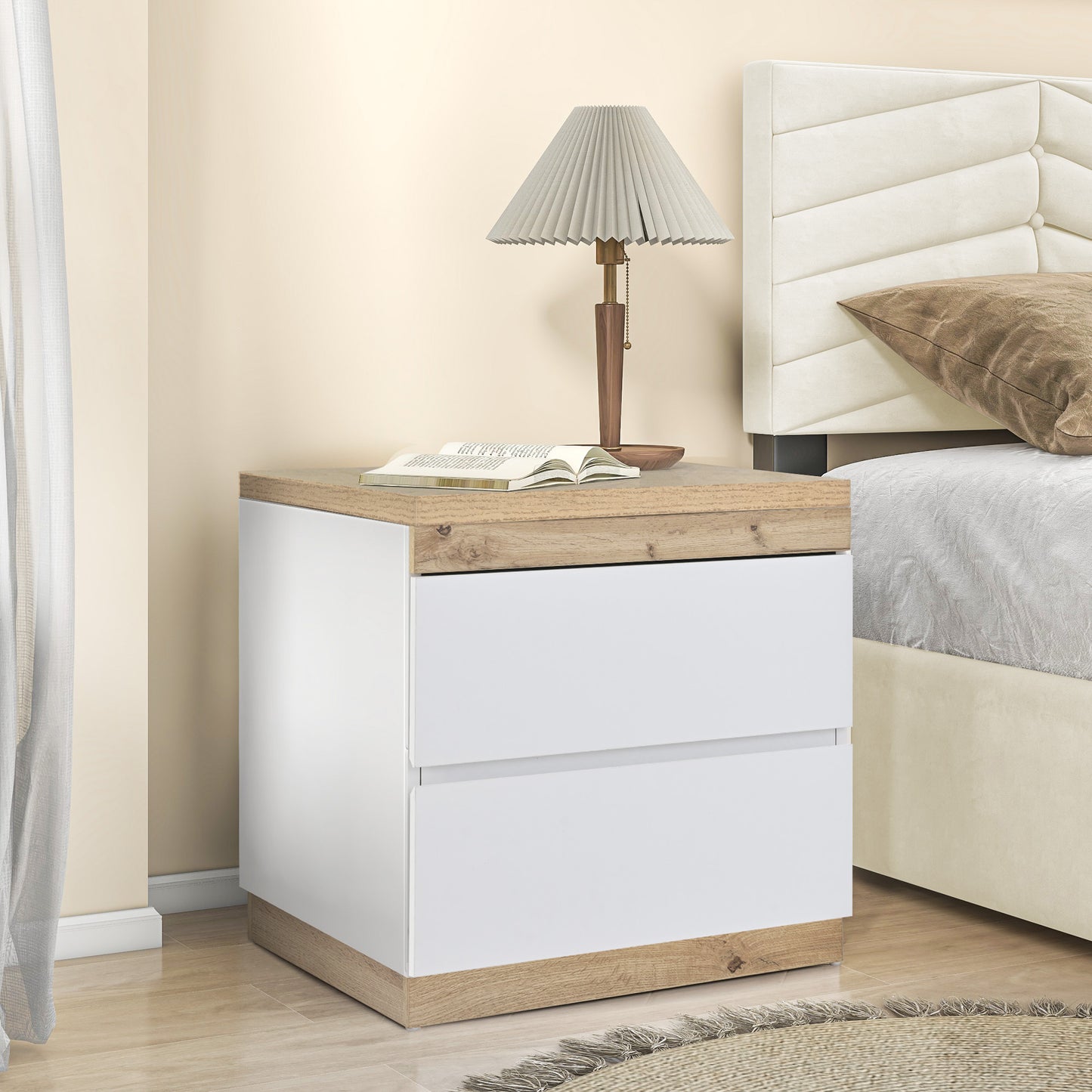 Stylish Bedside Table with Storage - White Oak