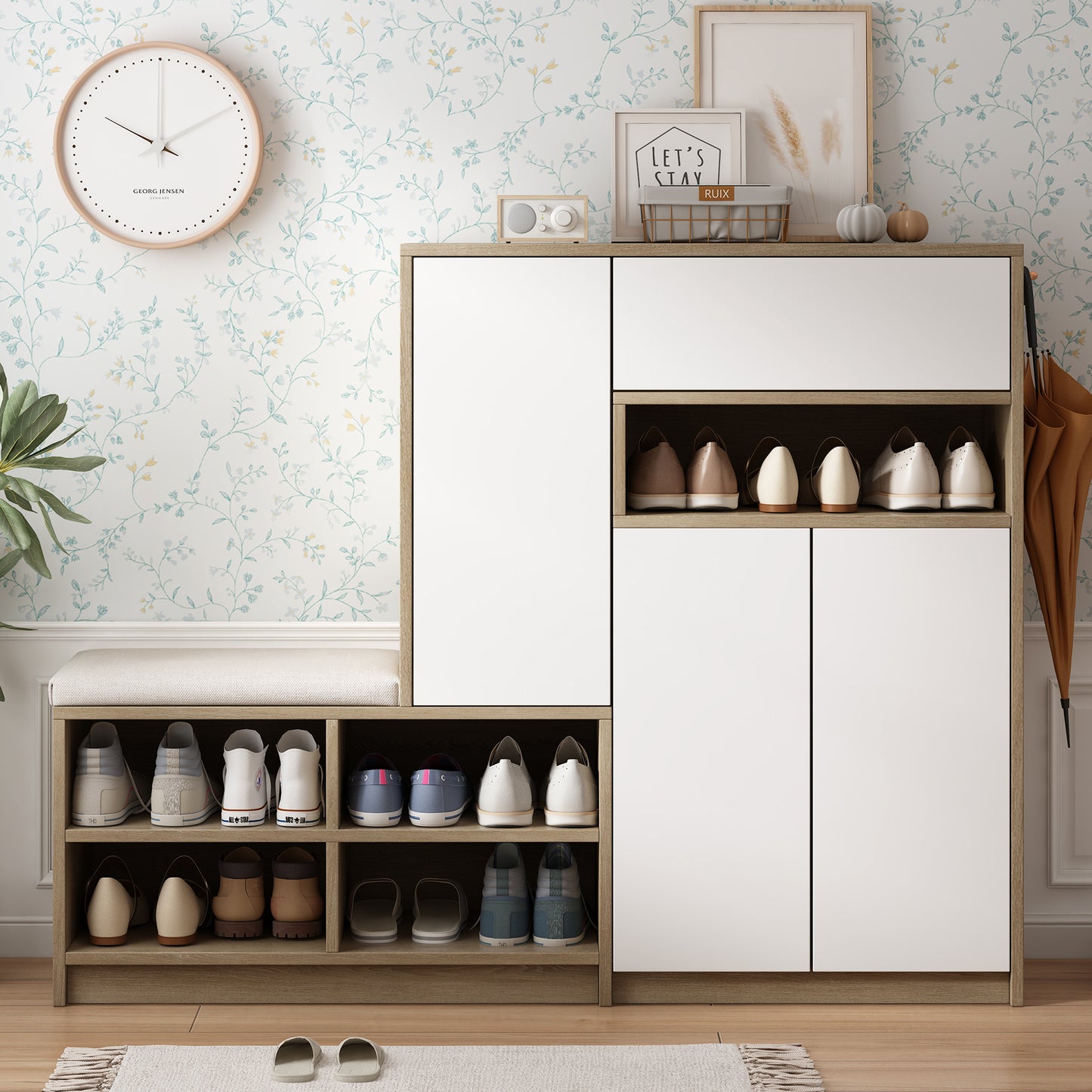 White Multifunctional Shoe Storage Bench with Padded Seat and Adjustable Shelves, Hallway Shoe Cabinet