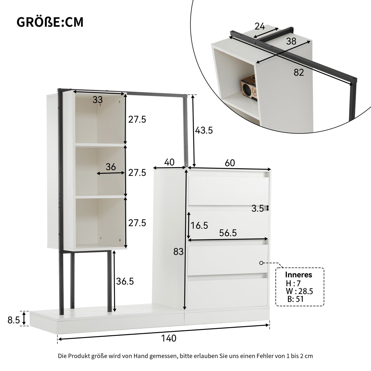 White Drawer Cabinet- Wardrobe Set - Modern Storage Solutions with Clothes Rail, W140/W40/H135 cm