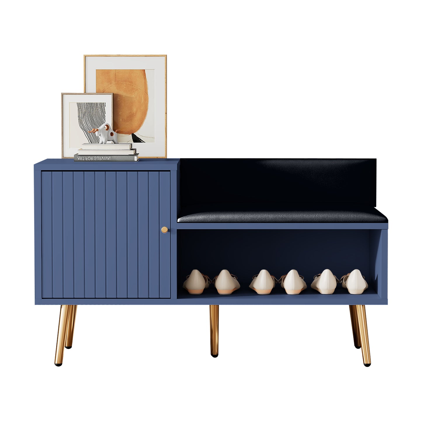 Luxurious Blue Shoe Chest with Padded Bench and Metal Accents