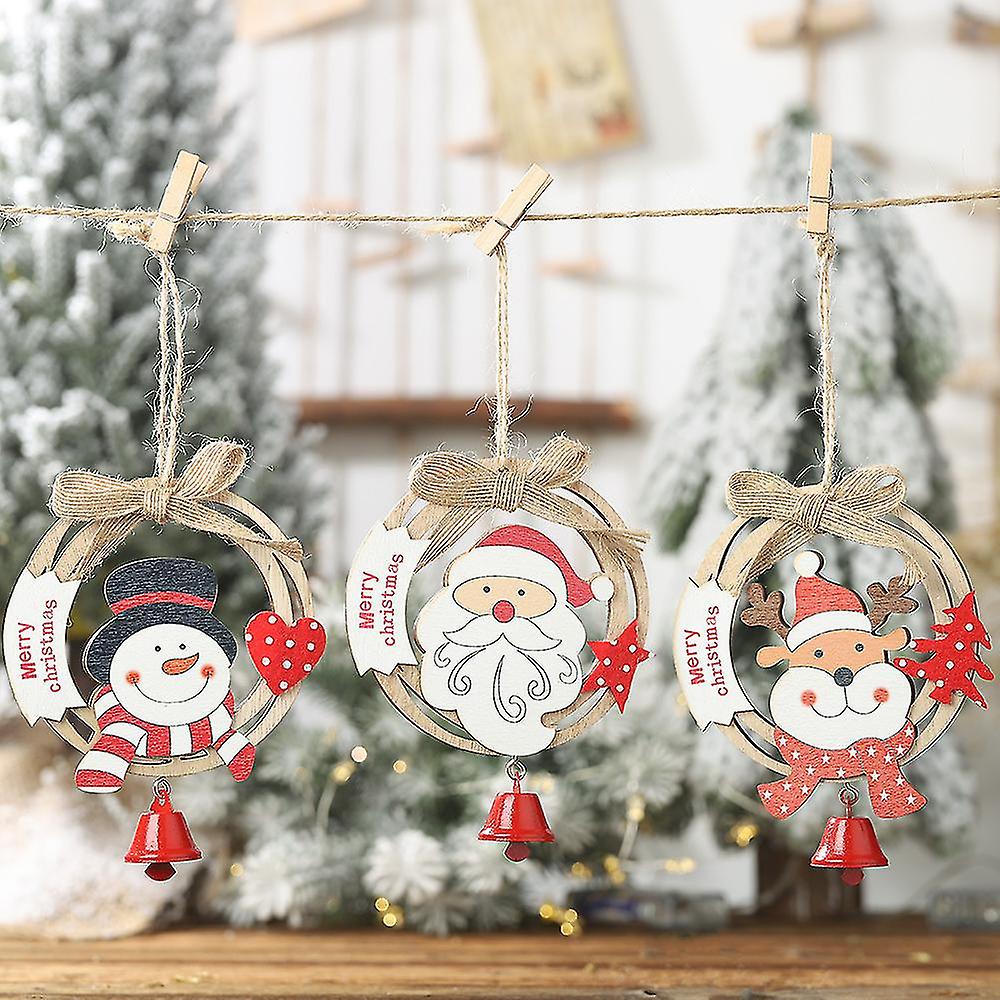 (Y)Christmas Tree Ornaments Christmas Wooden Handmade Party Decorations Tree Hanging Ornaments Home Decor Santa 3pcs