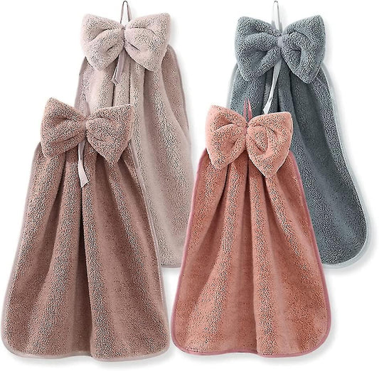 (Y)Pack Of 4 Hand Towels With Tie String, Coral Microfiber Hanging Loop, Cute Super Soft Absorbent Hand Towels.