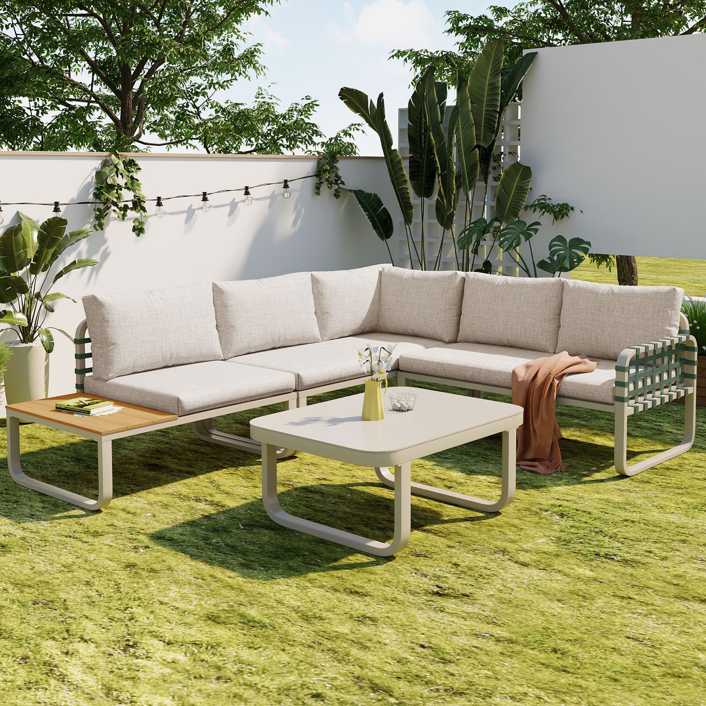 Garden lounge set, modern outdoor sofa set (includes all seat and back cushions), balcony set, garden and terrace, apricot