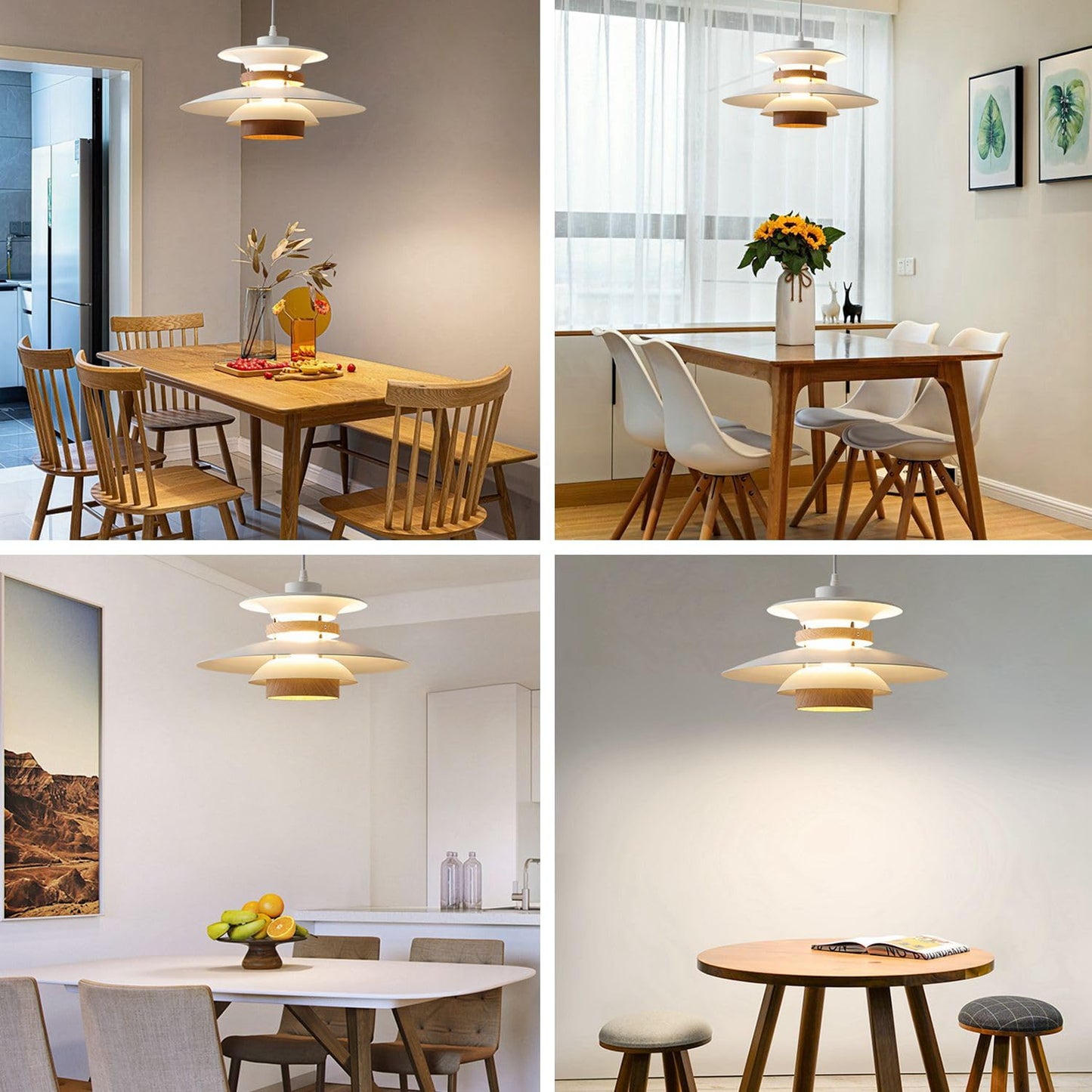 (Y)Modern decorative adjustable pendant light kitchen island, aluminium and wood finish, 1 light E26 base pendant light for restaurant shop dining room (white + light wood grain, 40 cm)