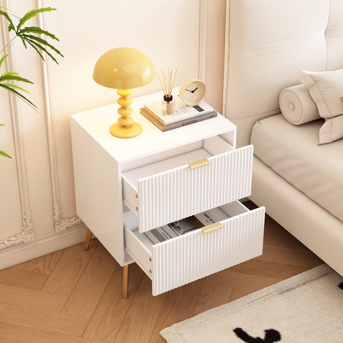 White Lacquered Double Drawer Bedside Table with Gold-Plated Feet and Knobs