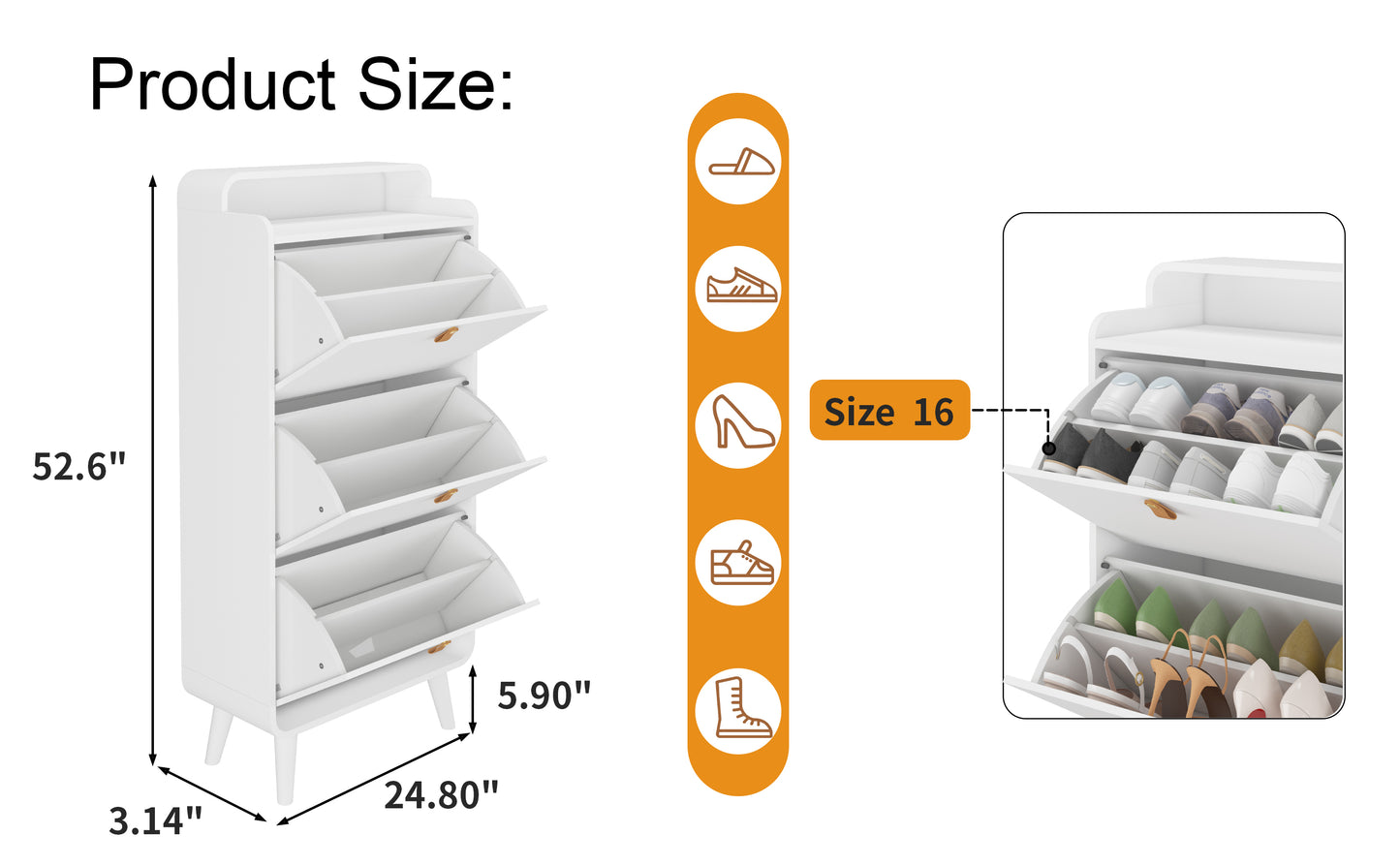 White Freestanding Shoe Storage Cabinet with 3 Folding Drawers, Tilting Organizer & Top Compartment for Entryway