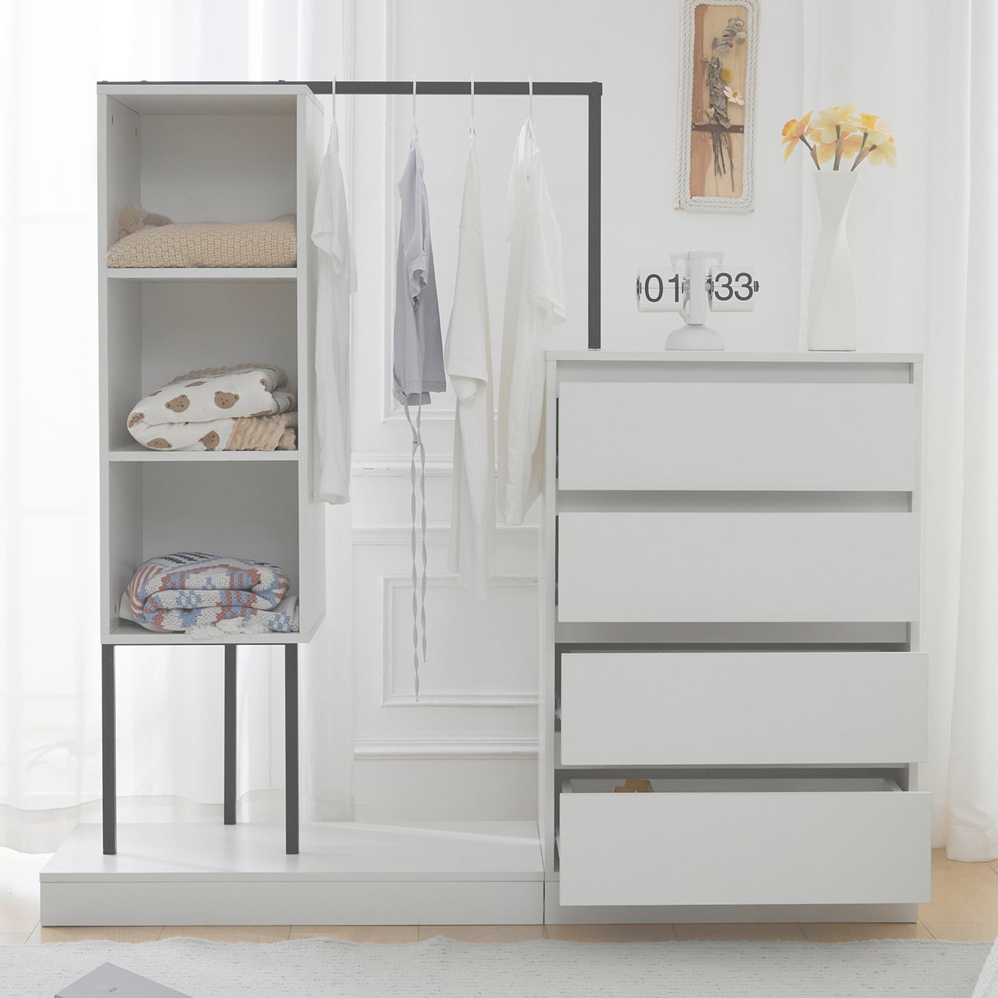 White Drawer Cabinet- Wardrobe Set - Modern Storage Solutions with Clothes Rail, W140/W40/H135 cm