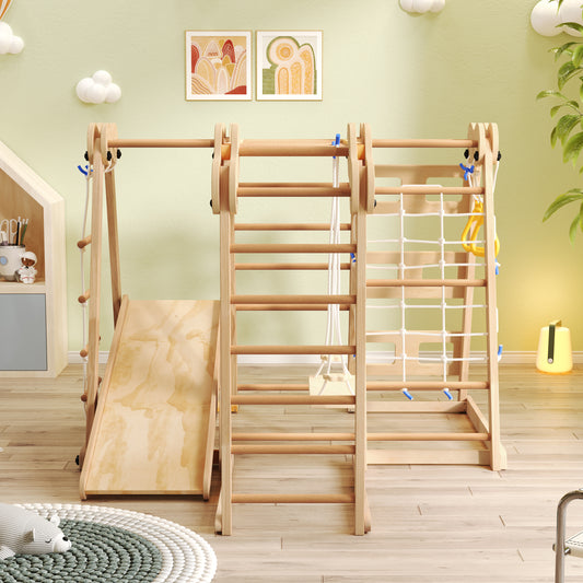 7-in-1 Multifunctional Foldable Wooden Climbing Frame with Slide, Climbing Pole, Swing, and More - EN-71 Certified