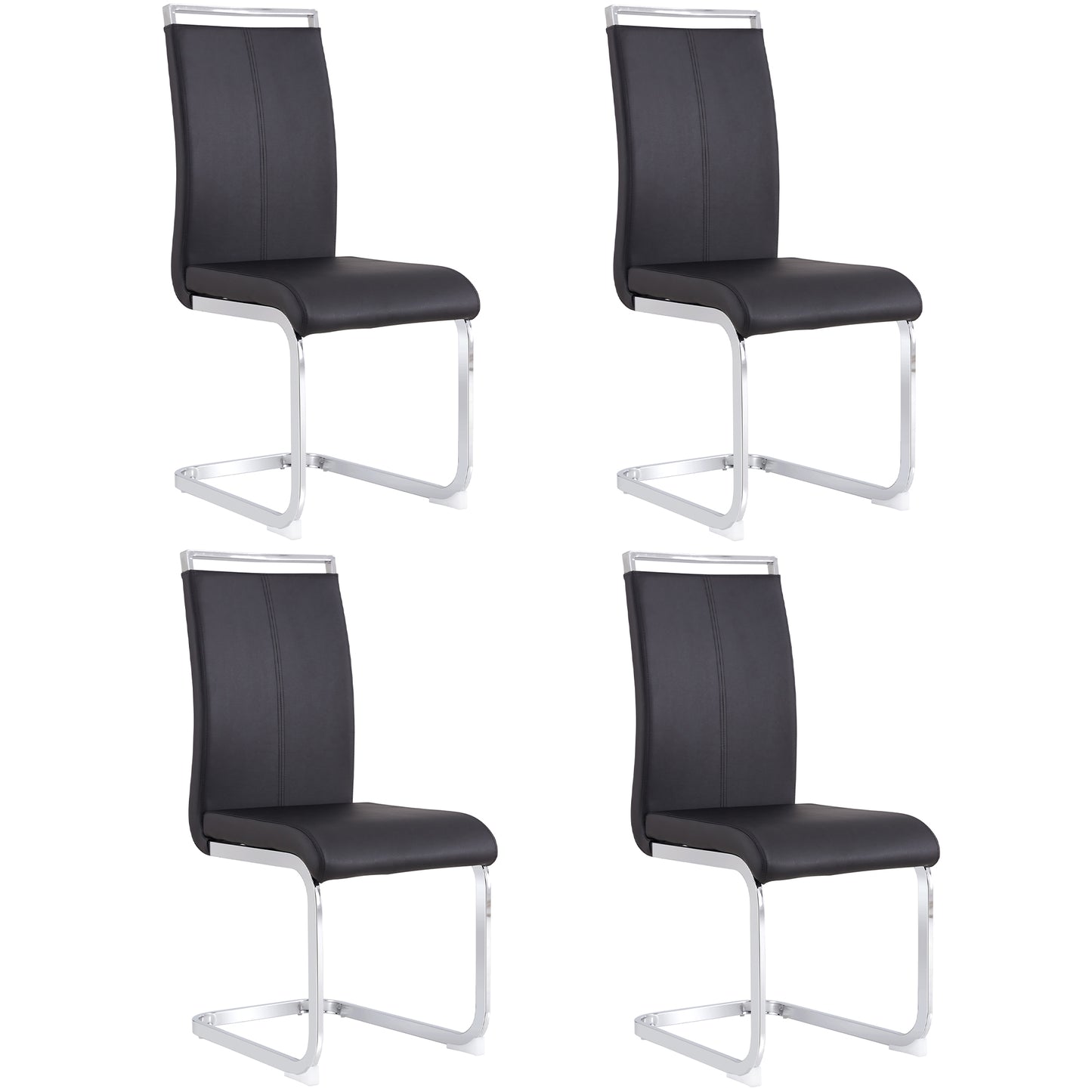 Stylish 4-Piece Cantilever Chair Set,Chrome Frame, Black Artificial Leather