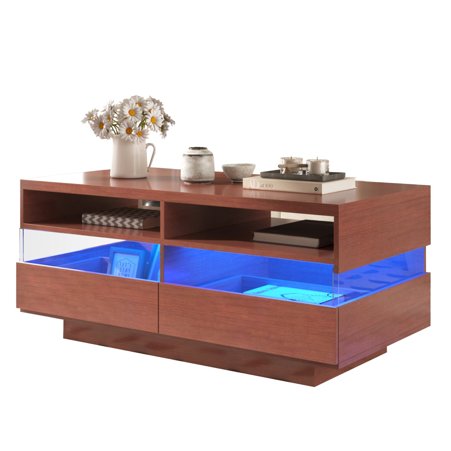 (Z)Coffee Table Living Room Table With Two Storage Compartments And Two Drawers Reflective Acrylic Lamps Unique Visual Effect