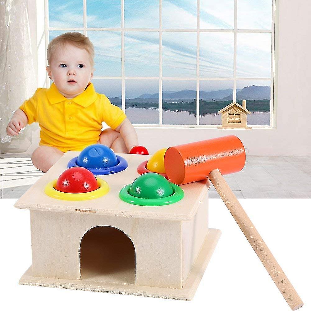 (Y)Kids Toy Hammer And 4-ball Wooden Play Set, Counting Wooden Hammer Balls Pounding And Hammering Toy