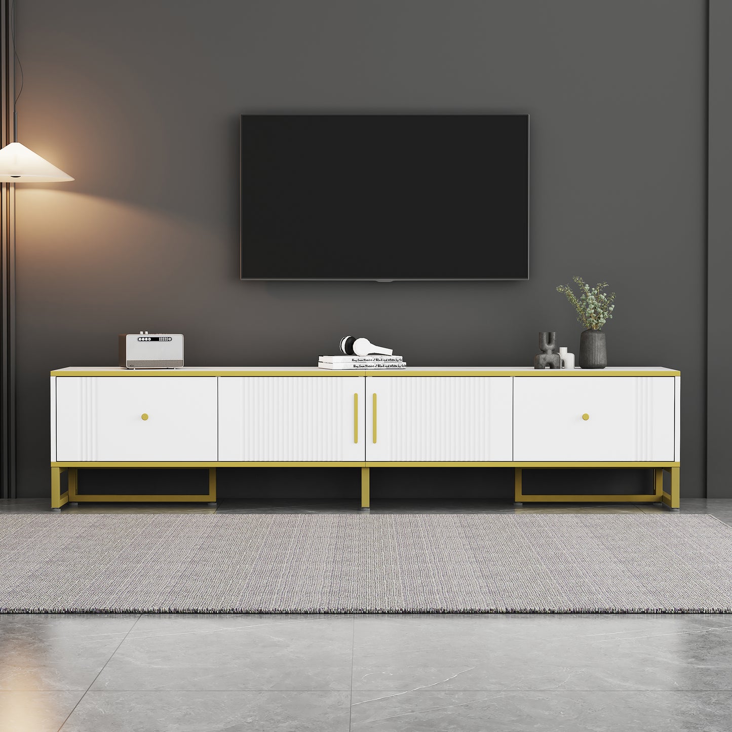 Elegant White TV Cabinet with Gold Border - Ideal for 80-Inch TVs