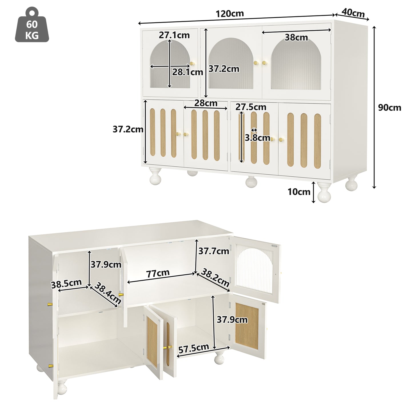 Elegant White Sideboard with Rainbow Glass-Piano Key Doors