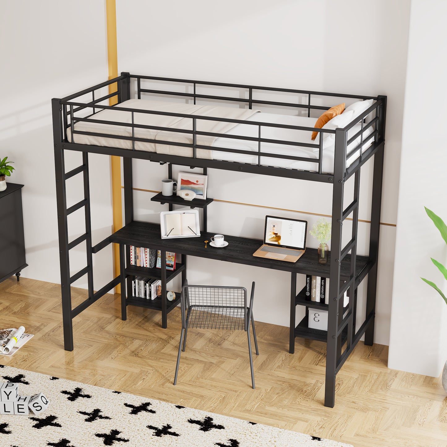 Black Iron and MDF Bunk Bed with Table and Shelves - Children's Safety Bed