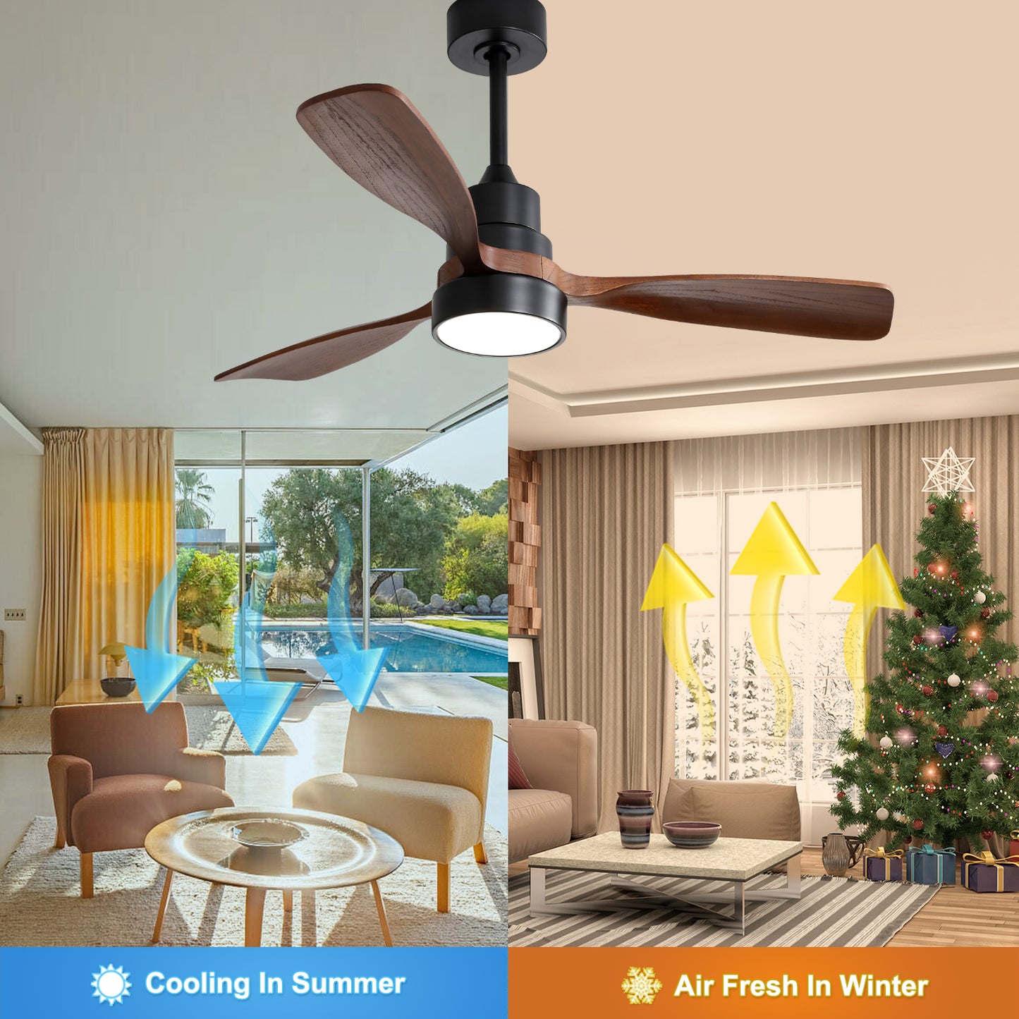 48" Wood Ceiling Fan with 3 Solid Wood Blades, Reversible DC Motor & Remote Control for Living Room