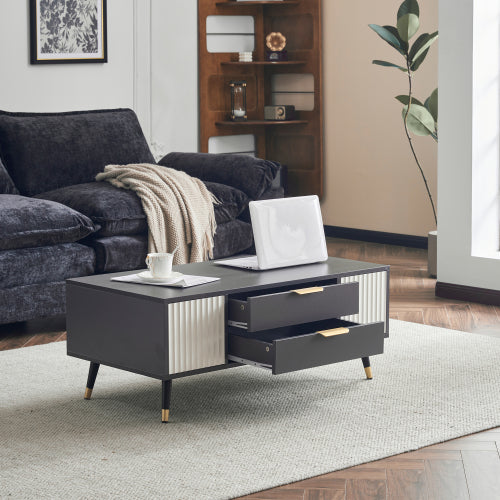 Modern Grey-White Coffee Table-2 Doors, 2 Drawers, Gold Accents, High-Quality Living Room Furniture