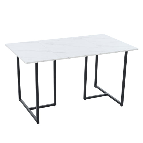 (p)Elegant Dining Table-White Marble Pattern, L-Shaped Metal Legs, Adjustable Feet, Black Accents