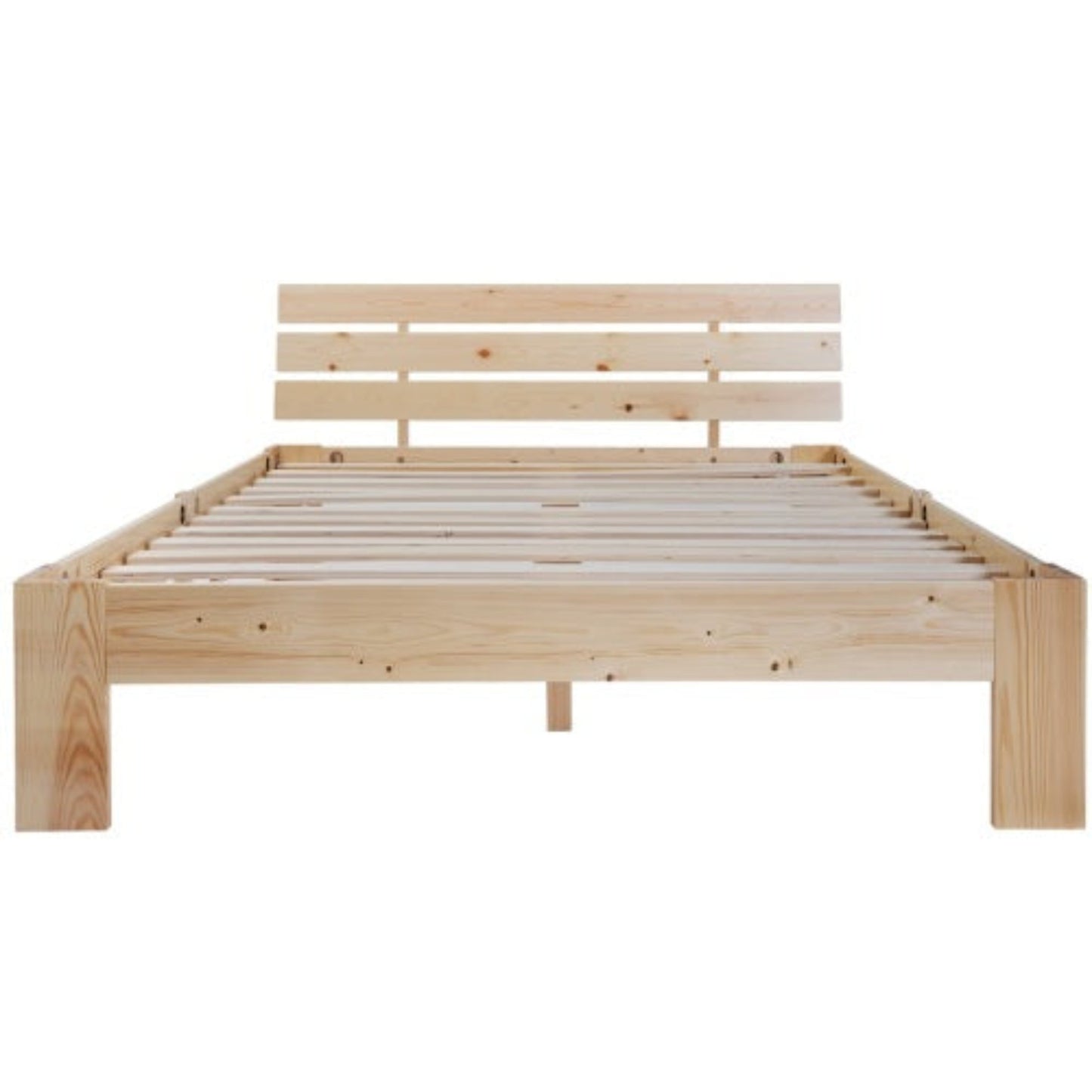 140cm Solid Pine Double Bed,Slatted Frame, Headboard, Grey-Beige Upholstery