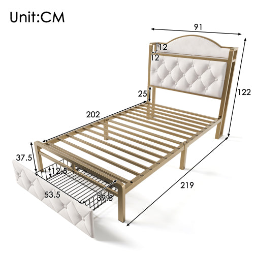 Light Beige Single Bed-USB Type C, Storage Drawers, Slatted Metal Frame -Mattress Not Included