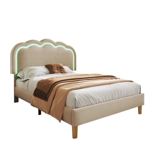 Beige Upholstered Single Bed with LED, Adjustable Headboard, Slatted Frame, YouthGuest Room Bed, Linen Material