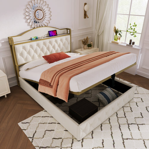 Light Beige Double Bed-USB Type C, Storage, Slatted Metal Frame-Mattress Not Included