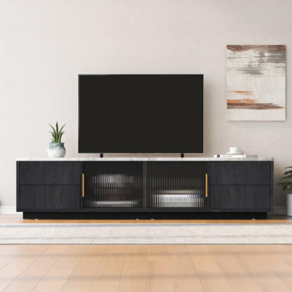 160cm Grey TV Stand,70 inches TV, Marble Top, Cable Management, Push-to-Open Drawers