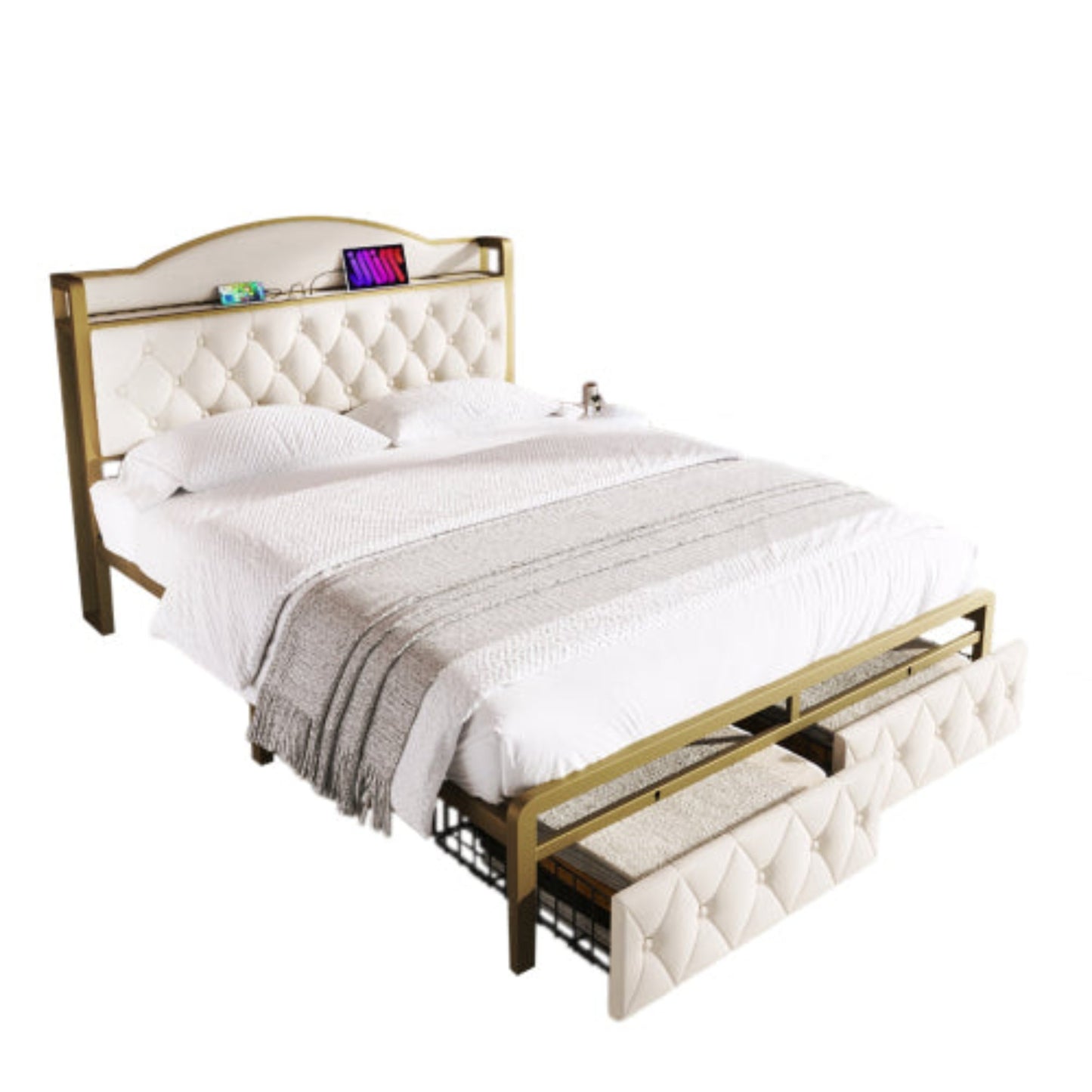 Light Beige Upholstered Double Bed-USB Type C Charging, Storage Drawers, Slatted Metal Frame