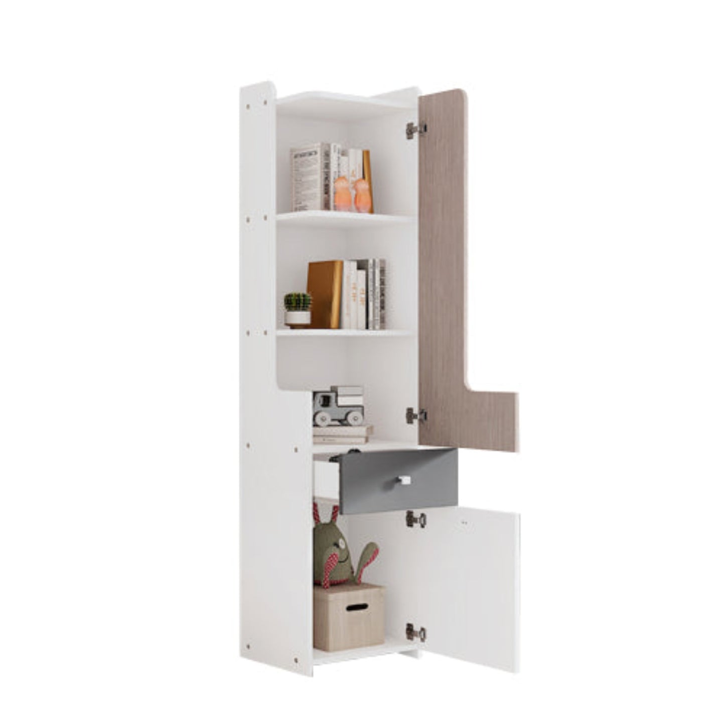 L-Shaped Teenager Bookcase with Drawer, Hinged Doors, and Metal Knobs - White Light Elm Gray