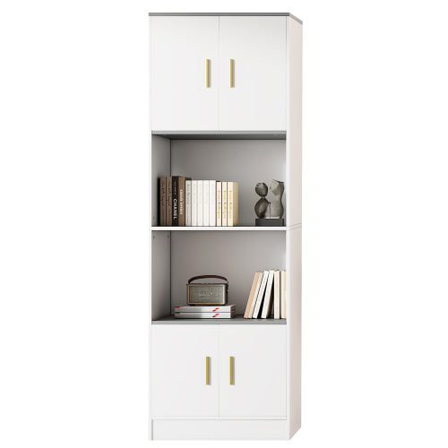 Elegant White Display Cabinet- 4-Door with Center Open Compartment, Quiet Hinges - Ideal for Kitchen or Living Room