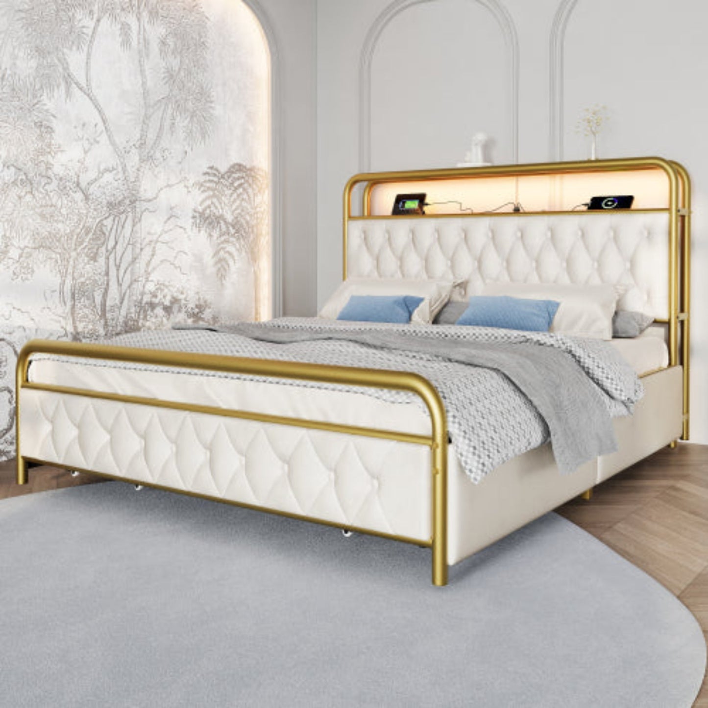 Double Upholstered Bed with USB Charging, APP-Controlled LED, Metal Frame, Velvet, 4 Drawers