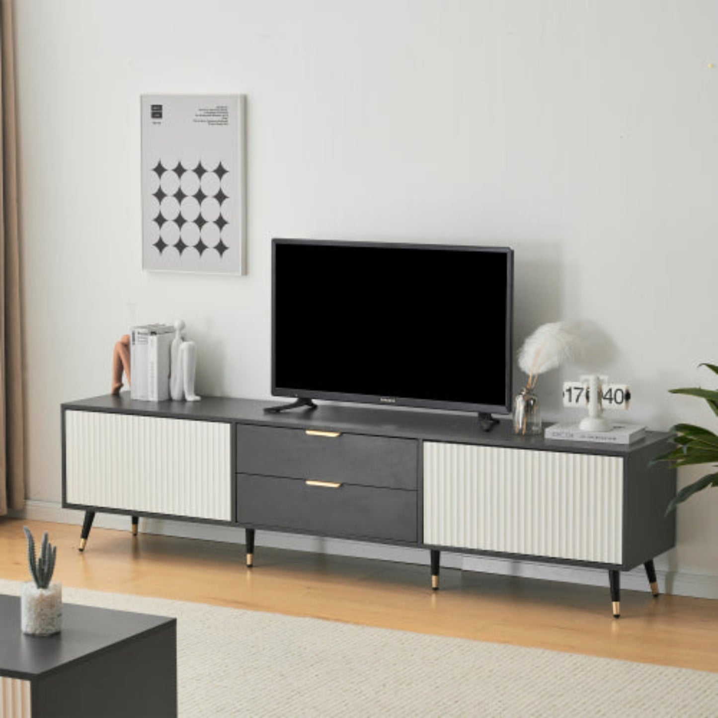 Elegant Grey-White TV Cabinet- 2 Drawers, 2 Doors, Cable Management, Modern Design