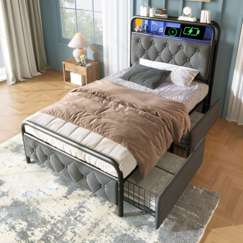 Luxury Velvet Single Bed-USB Type C Charging, APP-Controlled LED, Metal Frame, 2 Drawers