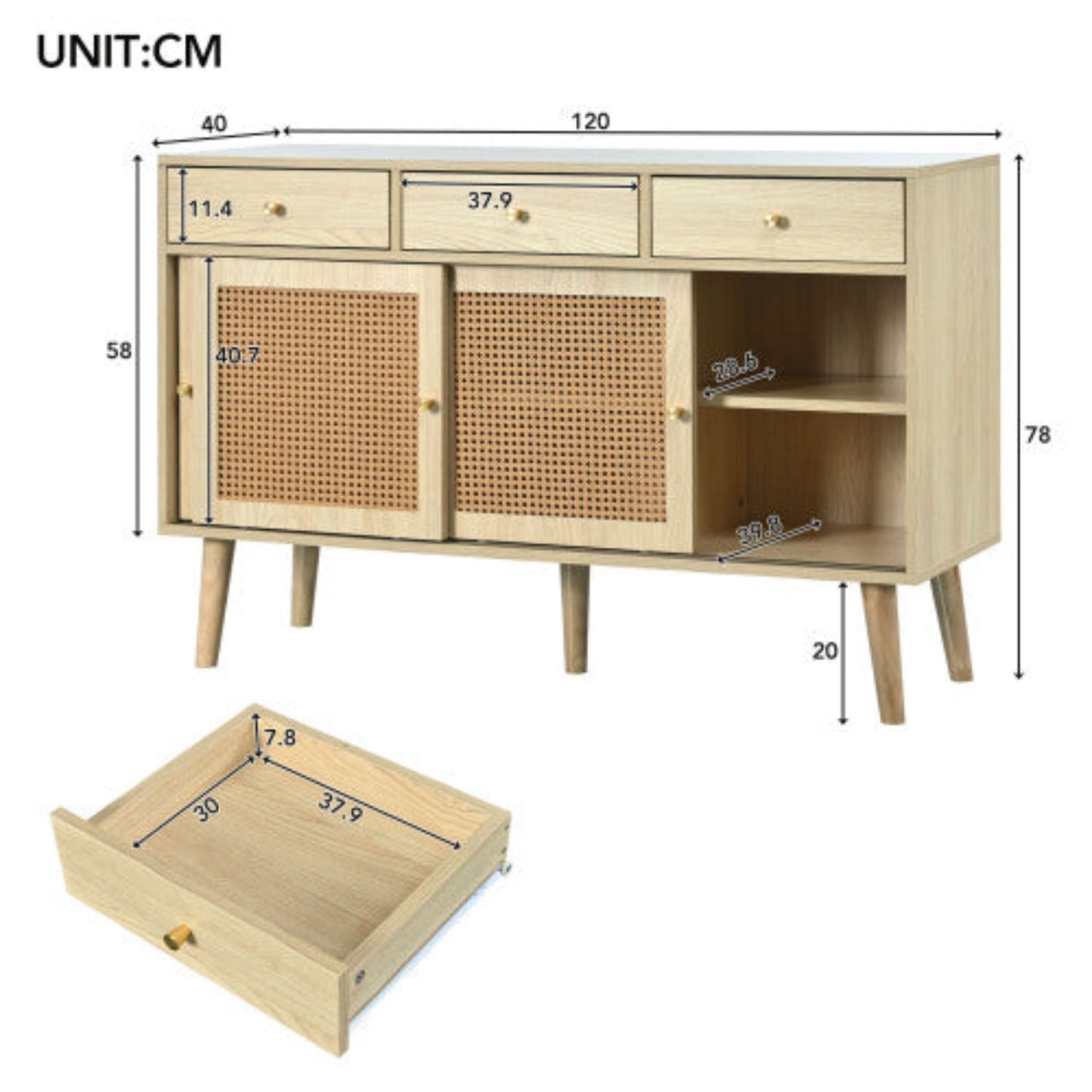 Oak sideboard with drawers and sliding rattan doors, solid wood legs, gold metal handles, adjustable shelves