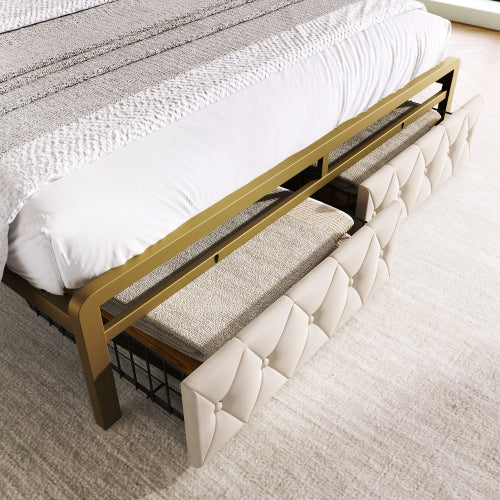 Light Beige Storage Double Bed-USB Type C Charging, Slatted Metal Frame