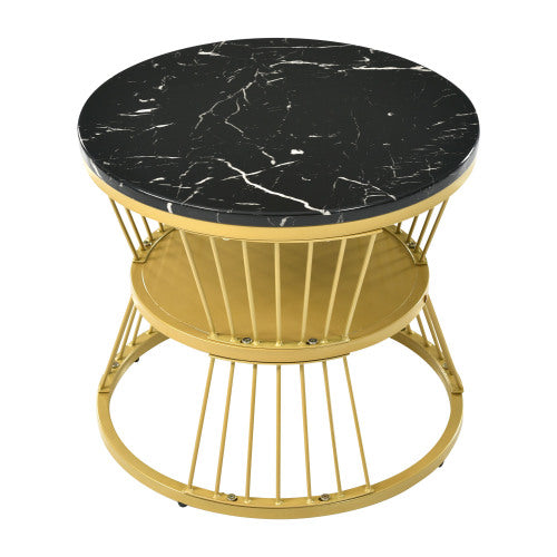 Modern Nesting Coffee Tables- Marble Veneer, BlackGolden Frame, Round Side Tables-Set of 2